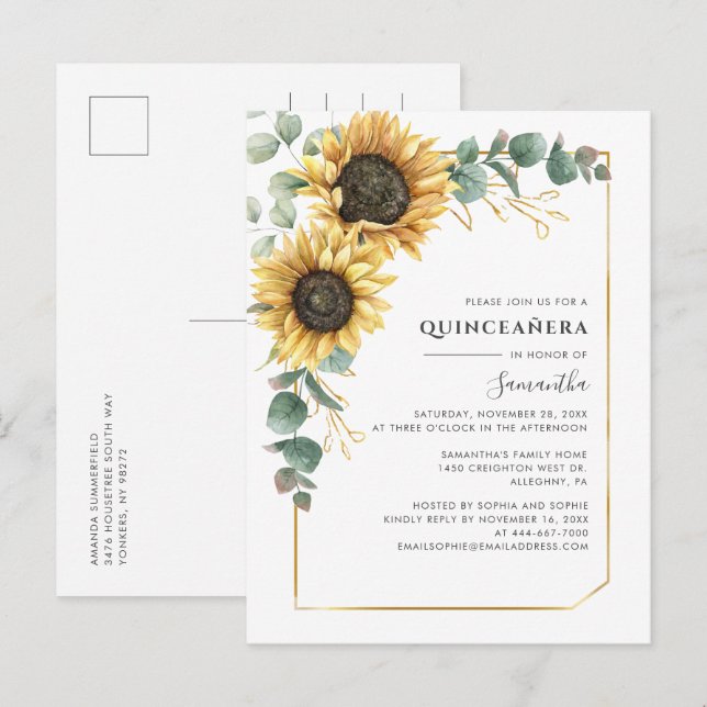 Invitation Carte Postale Tournesol Quinceanera Verdure 15ème anniversaire f (Devant / Derrière)