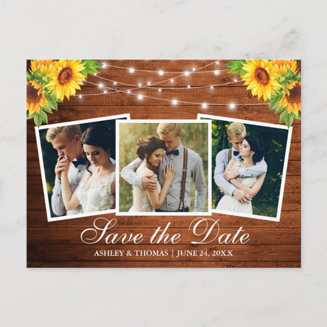 Invitation Carte Postale Tournesol Rustique Floral 3 Photo Enregistrer La D (Devant)