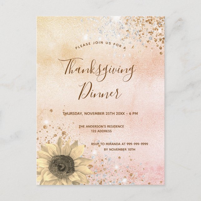 Invitation Carte Postale Tournesol rustique or rose Thanksgiving Dîner (Devant)