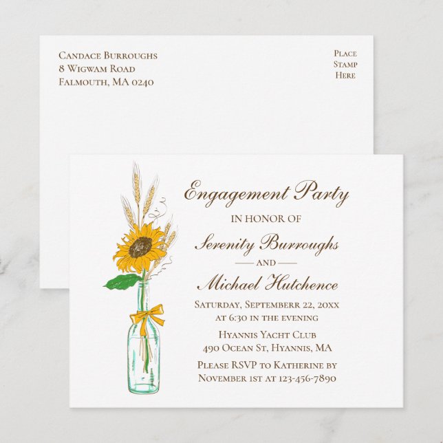 Invitation Carte Postale Tournesol rustique Pays Fleur Parti d'engagement (Devant / Derrière)