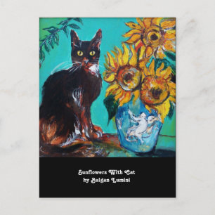 Invitation Carte Postale TOURNESOLS ET CHAT NOIR EN BLEU SARCELLE Fête d'ét