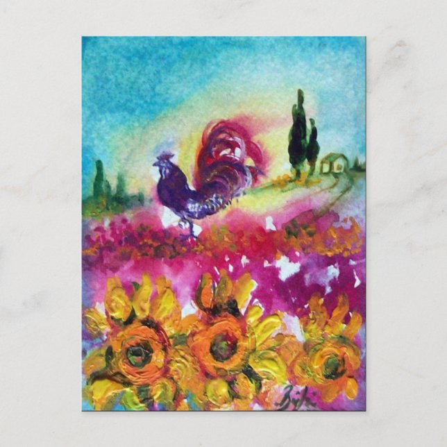 Invitation Carte Postale TOURNESOLS ET COQ NOIR Champs de fleurs (Devant)