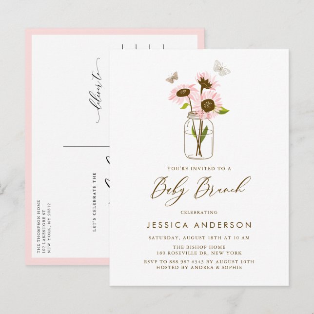 Invitation Carte Postale Tournesols roses dans un Brunch de bébé Mason Jar (Devant / Derrière)