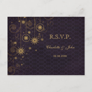 Invitation Carte Postale Tourteaux de neige rustiques en or violet Mariage