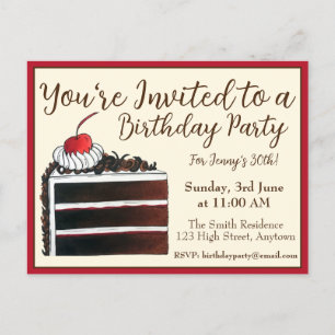 Invitation Carte Postale Tranche de gâteau forêt noire Cherry Fête d'annive