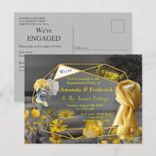 Invitation Carte Postale Tulipes gris et jaunes, marguerites au coucher du  (Devant / Derrière)
