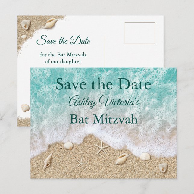 Invitation Carte Postale Turquoise Beach Waves Bat Mitzvah Save the Date (Devant / Derrière)