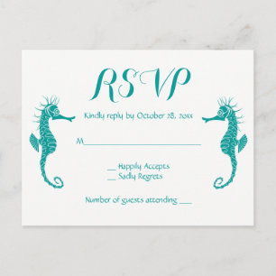 Invitation Carte Postale Turquoise Bleu Vert RSVP Hippocampe Plage Naudique