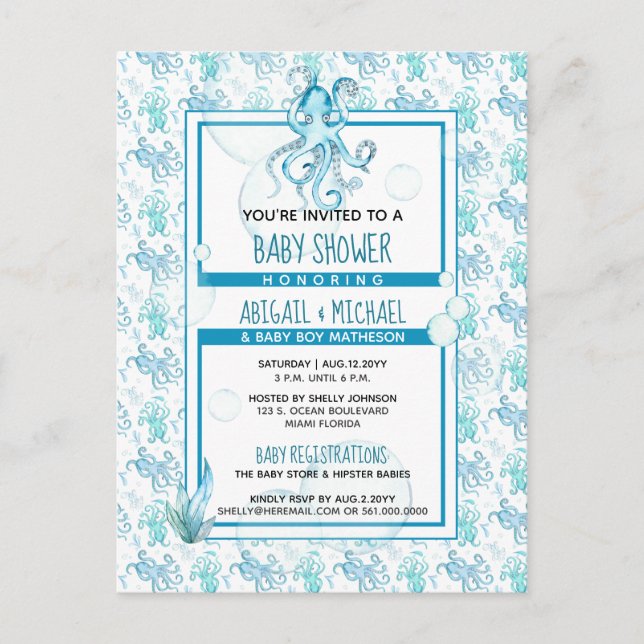 Invitation Carte Postale Turquoise Blue Octopus Baby shower Sea Life C'est  (Devant)