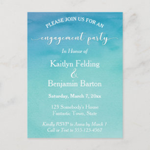 Invitation Carte Postale Turquoise et bleu Ombre Watercolor Engagement Part
