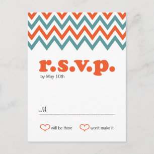 Invitation Carte Postale Turquoise moderne & Orange Chevron & Lovebirds Mar