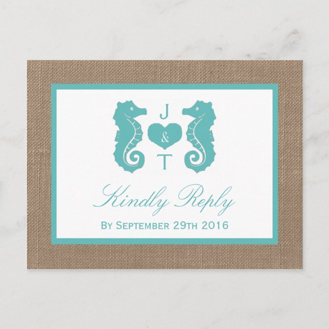 Invitation Carte Postale Turquoise Seahorse Burlap Beach Wedding Collection (Devant)