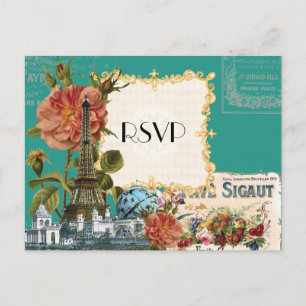 Invitation Carte Postale Turquoise Vintage Tour Eiffel Rose Enregistrer la
