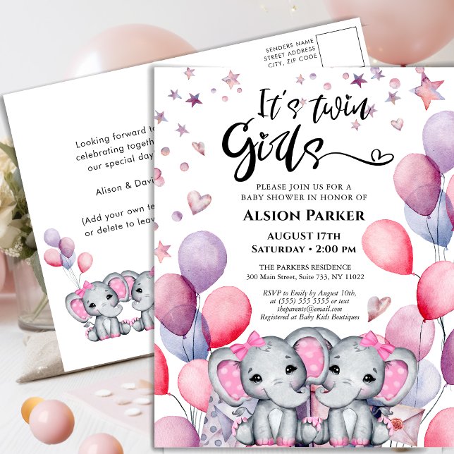 Invitation Carte Postale Twin Girls Baby Elephant Baby shower balloon rose (Créateur téléchargé)