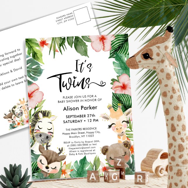 Invitation Carte Postale Twin Jungle Safari Baby shower tropical de verdure (Créateur téléchargé)