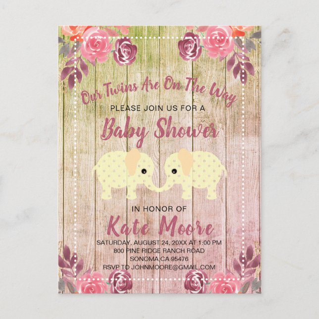 Invitation Carte Postale Twins Baby shower Baby Elephants (Devant)