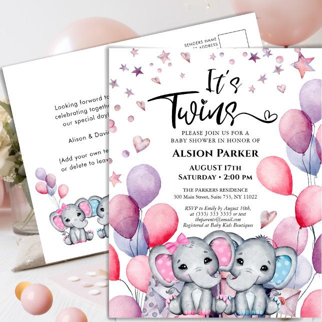 Invitation Carte Postale Twins Boy Girl Elephant Balloons mignon Baby showe (Créateur téléchargé)