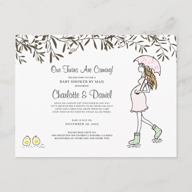 Invitation Carte Postale Twins Grossesse maman enceinte avec parapluie (Devant)