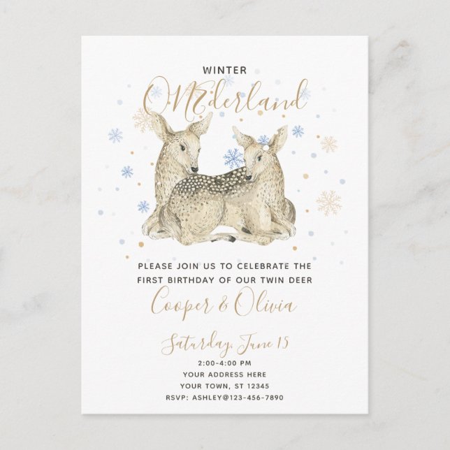 Invitation Carte Postale Twins Winter ONEderland Deer Baby's 1st Birthday (Devant)