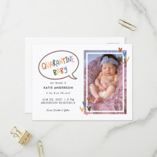 Invitation Carte Postale Typographie colorée Quarantaine Photo Nouveau-né