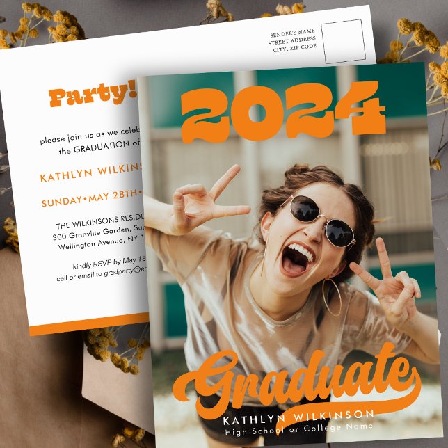 Invitation Carte Postale Typographie gras Rétro Photo Fun Graduation Branch (Créateur téléchargé)