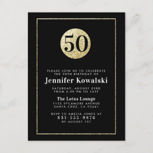 Invitation Carte Postale Typographie moderne Black & Gold 50e anniversaire