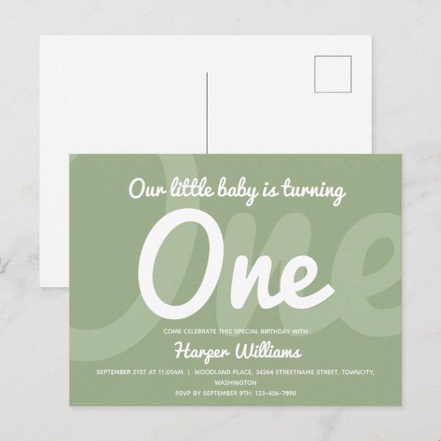 Invitation Carte Postale Typographie Sage One Baby Premier anniversaire (Devant / Derrière)