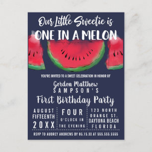 Invitation Carte Postale Un dans une pastèque Melon Watercolor 1er annivers