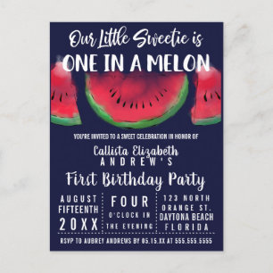 Invitation Carte Postale Un dans une pastèque Melon Watercolor 1er annivers
