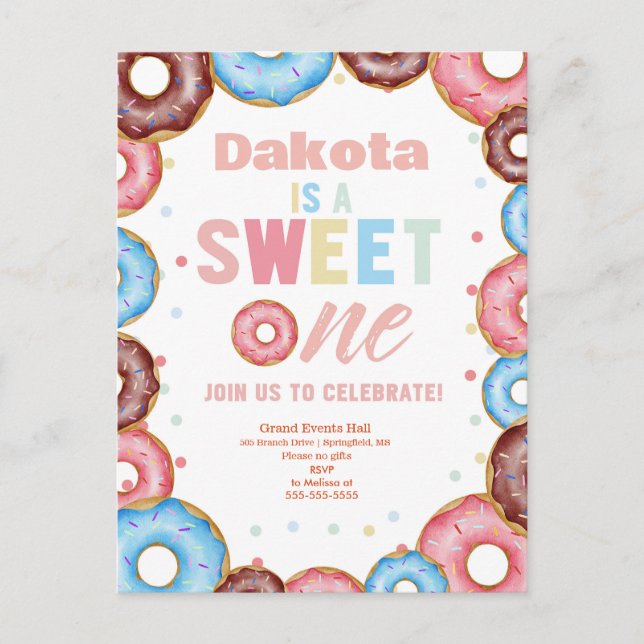 Invitation Carte Postale Un premier anniversaire de Donut One Sweet (Devant)