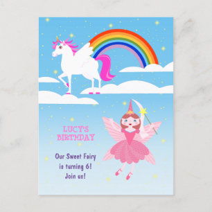 Invitation Carte Postale Unicorne et Fairy Magie fête d'anniversaire