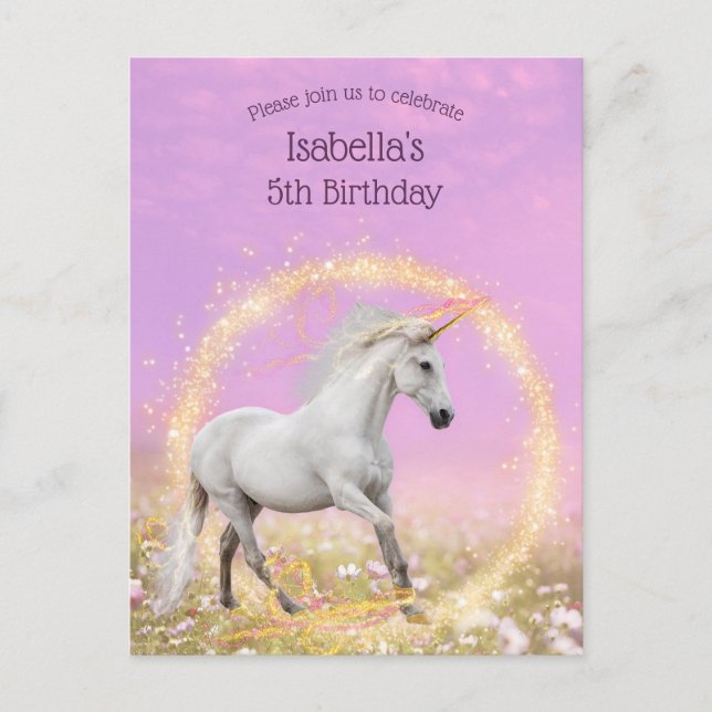 Invitation Carte Postale Unicorne fête d'anniversaire rose et lavande (Devant)