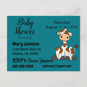 Invitation Carte Postale Vache drôle avec Baby shower de points de coeur