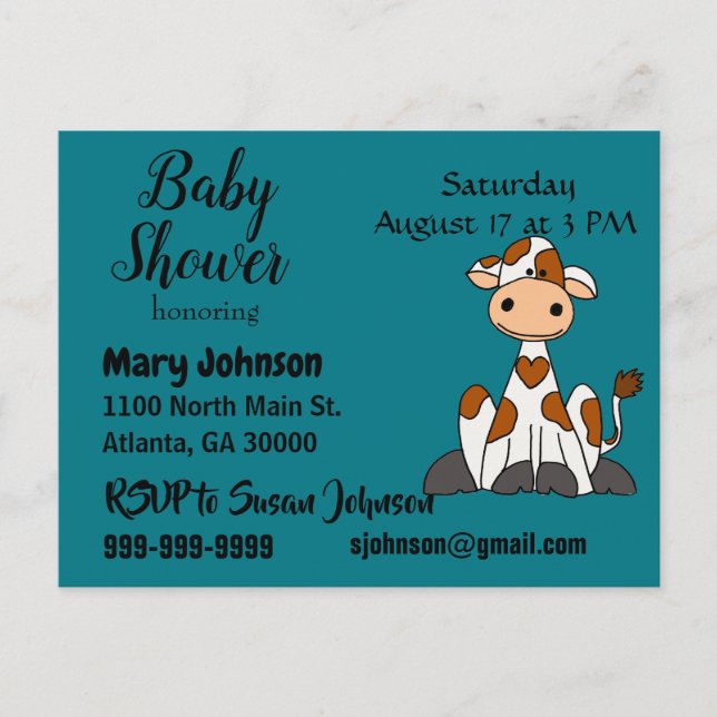 Invitation Carte Postale Vache drôle avec Baby shower de points de coeur (Devant)