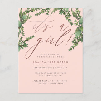 Invitation Carte Postale Verdure luxuriante Rose or C'est un Baby shower po