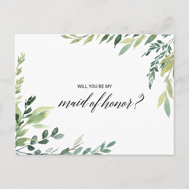 Invitation Carte Postale Verdure moderne Feuillage botanique Maid of Honor (Devant)