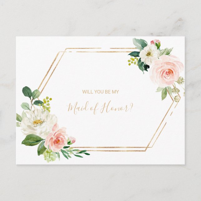 Invitation Carte Postale Verdure & Or Géométrique Élégante Maid of Honor (Devant)