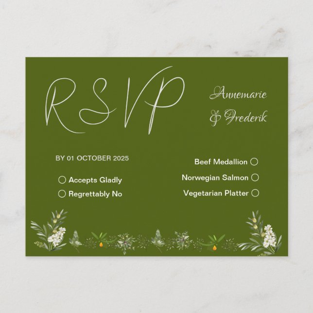 Invitation Carte Postale Vert olive moderne RSVP (Devant)