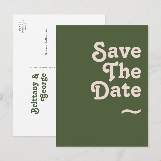 Invitation Carte Postale Vibes rétro simples | Vert olive Enregistrer la da (Devant / Derrière)