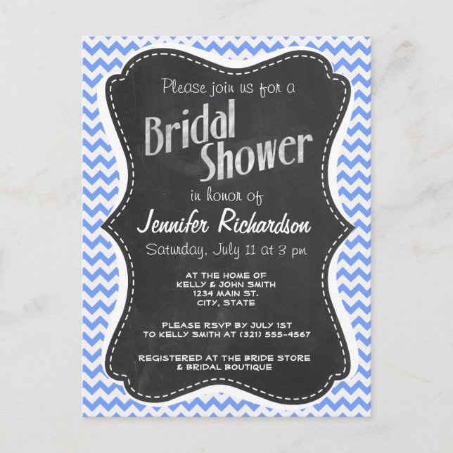Invitation Carte Postale Vintage Chalkboard look, Blue Chevron Motif (Devant)