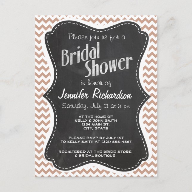 Invitation Carte Postale Vintage Chalkboard look; Brown Chevron Motif (Devant)