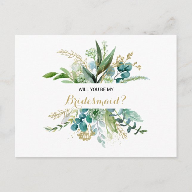 Invitation Carte Postale Vintage or et vert Eucalyptus Bridesmaid (Devant)