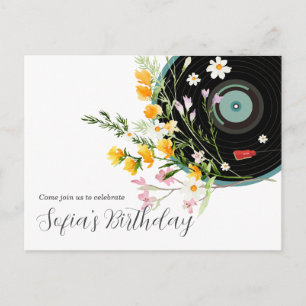 Invitation Carte Postale Vinyl Record, floral, Oldies Rustique, musique fém