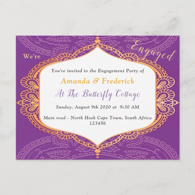 Invitation Carte Postale Violet avec Mandalas d'or (Devant)