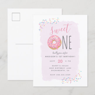 Invitation Carte Postale Violet | Doughnut rose saupoudrer doux 1er anniver