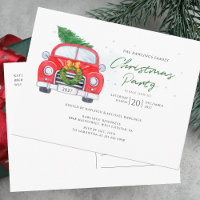 Voiture rouge vintage avec Noël Tree Family Party