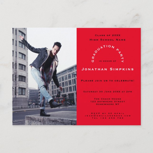 Invitation Carte Postale Votre photo/Rouge/Typographie/Graduation Party (Devant)
