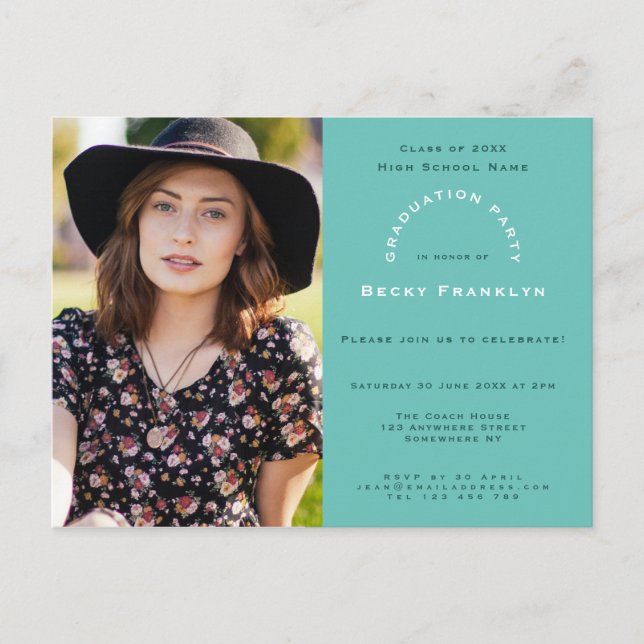 Invitation Carte Postale Votre Photo/Turquoise/Typographie/Graduation Party (Devant)