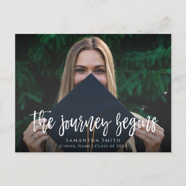 Invitation Carte Postale Voyage Commence Moderne Calligraphie Photo Graduat (Devant)