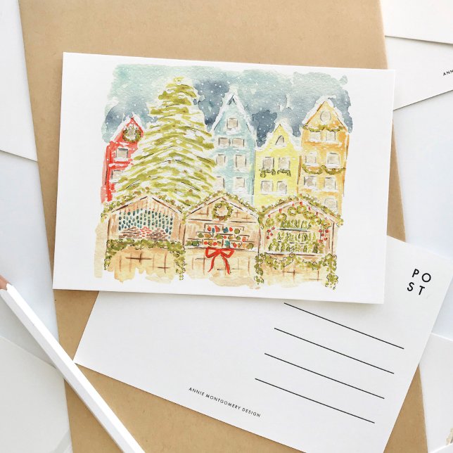 Invitation Carte Postale Voyage d'eau du marché de Noël allemand (German Christmas market winter scene watercolor postcard.)